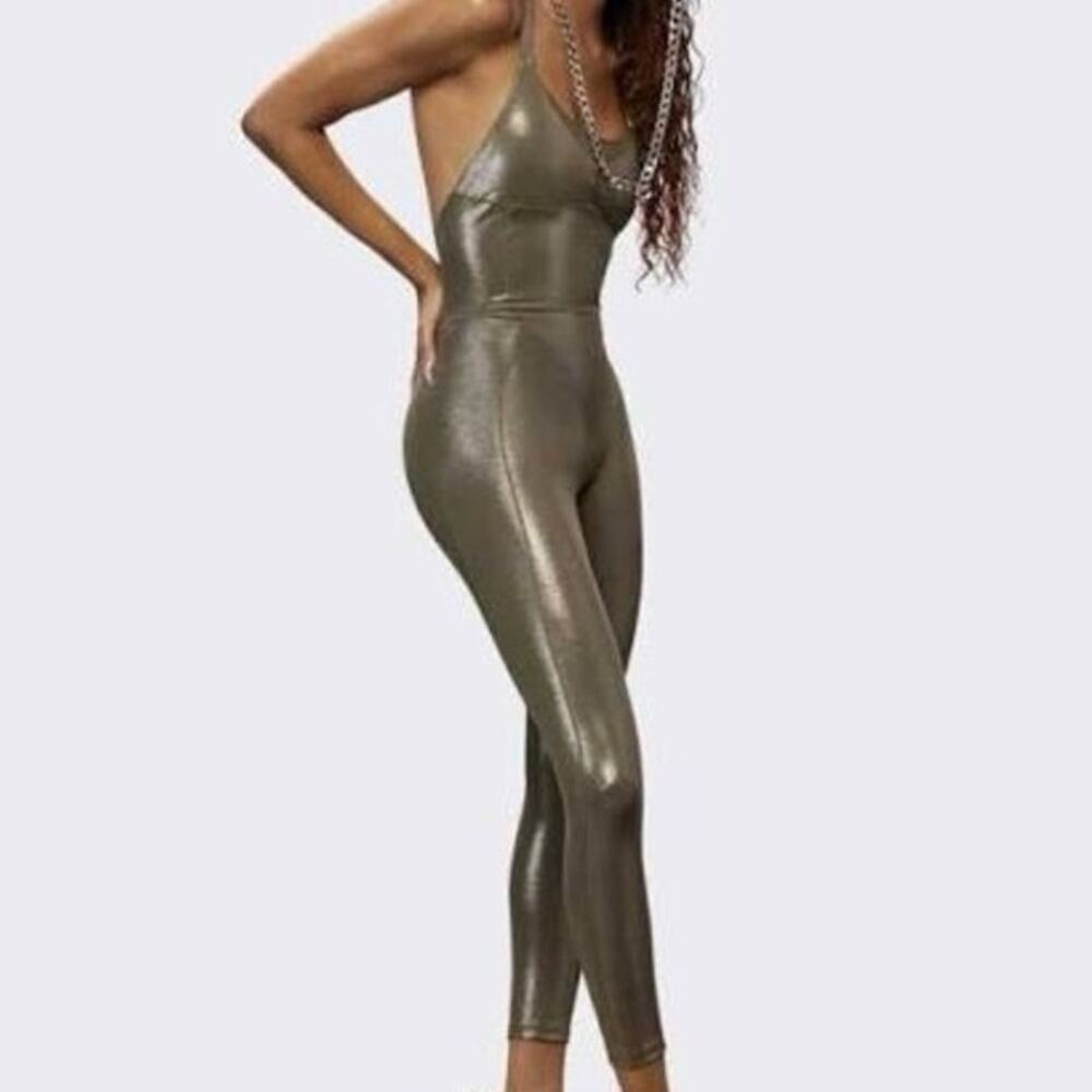 Adidas x Ivy Park Ivytopia Metallic Shimmer Catsuit Jumpsuit Olive Green Size M